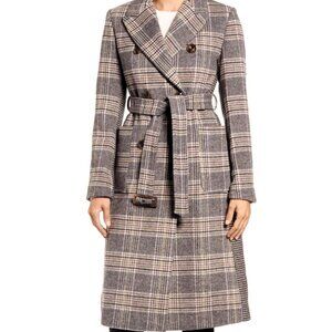NWT $320 Ellen Tracy Mix Plaid Wool-Blend Belted Coat, Sz Large